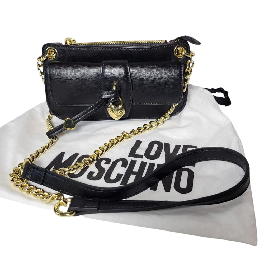 Love Moschino black mini crossbody clutch with goldtone chain and heart
